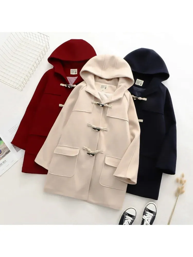 Solid Women Long Wool Blends Winter Loose Warm Coat Hooded  s Office Work Wear Horn Button Legant