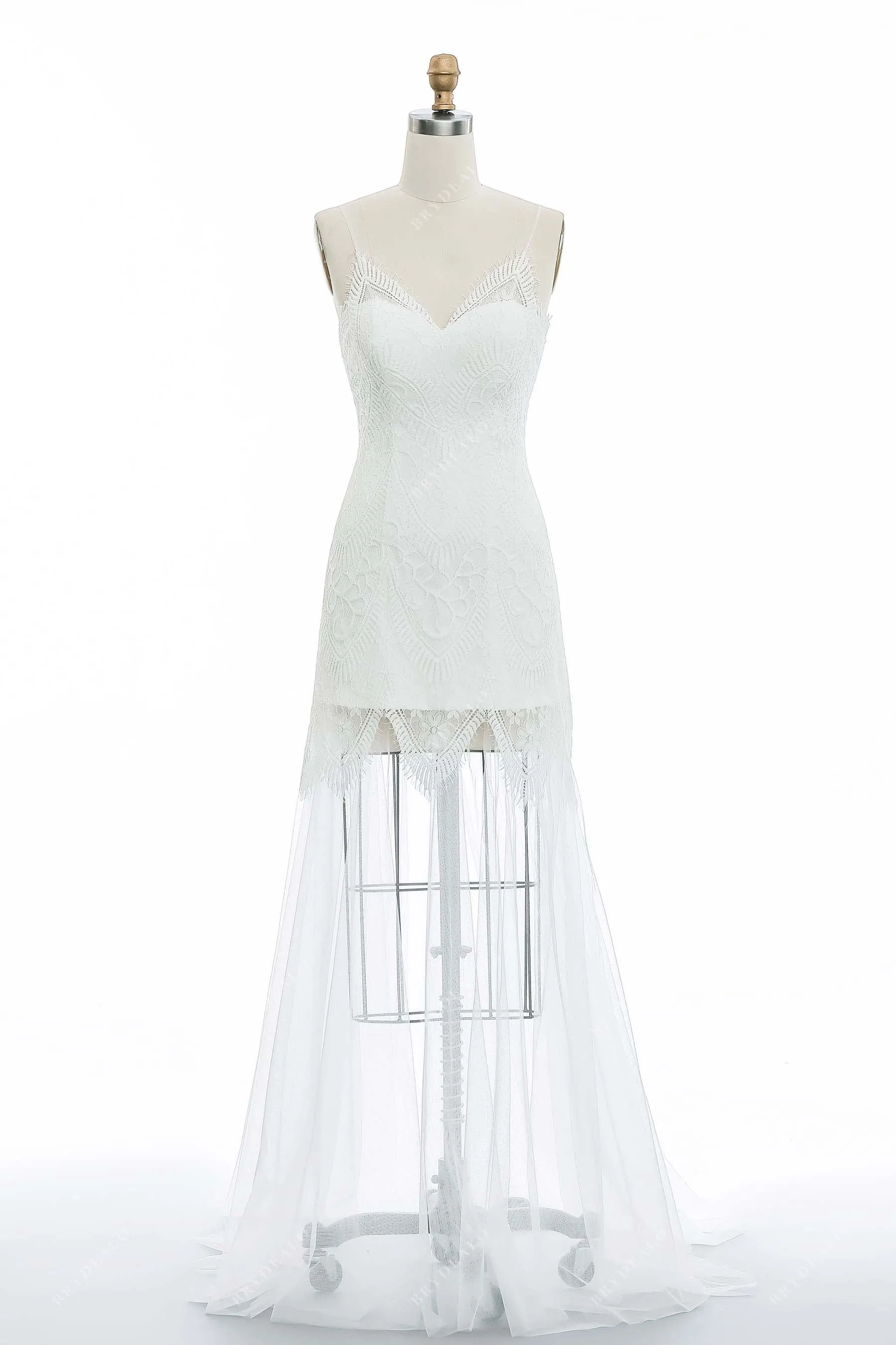 Spaghetti Straps Lace Casual Fit and Flare Elopement Bridal Dress