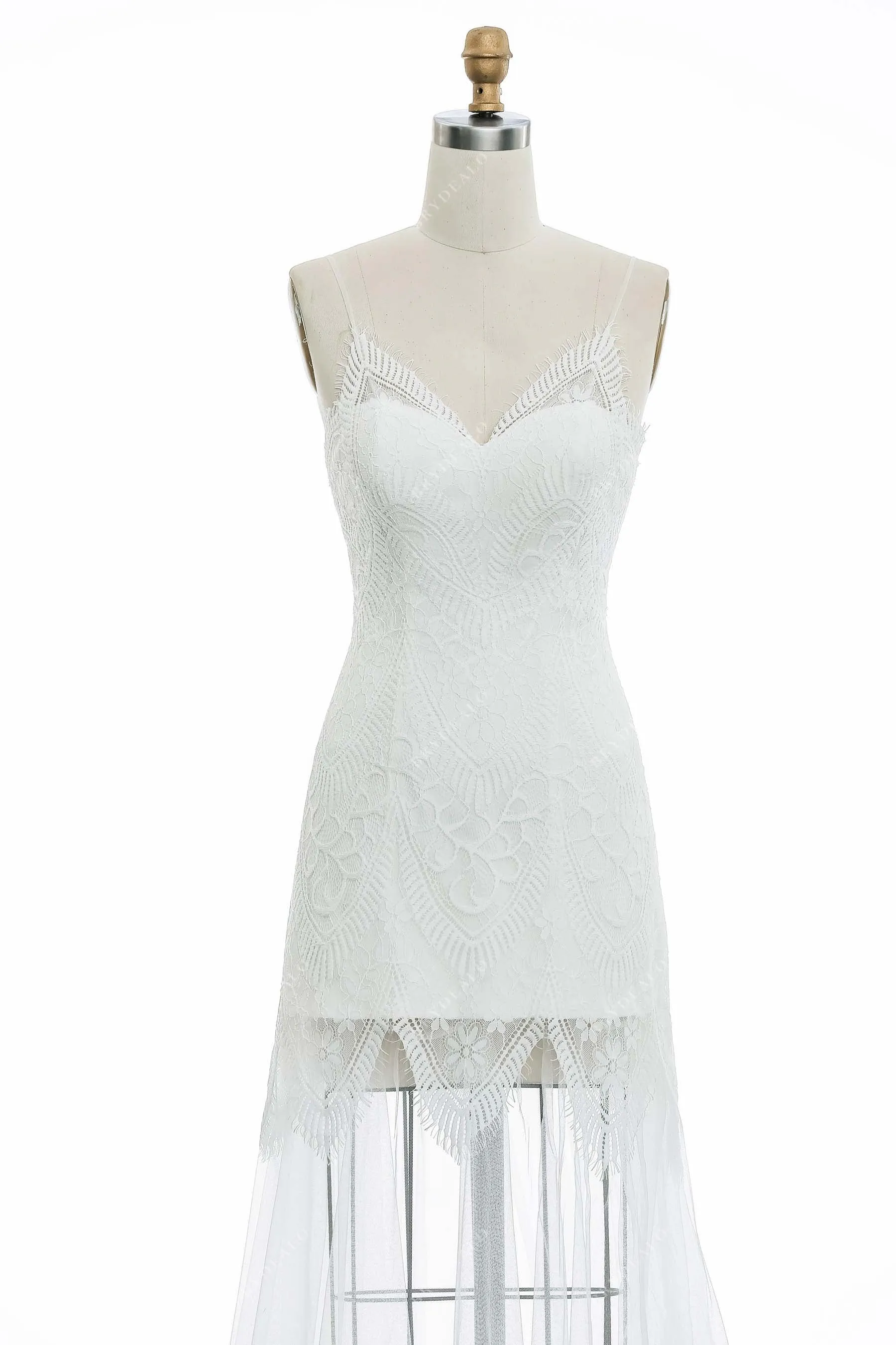 Spaghetti Straps Lace Casual Fit and Flare Elopement Bridal Dress