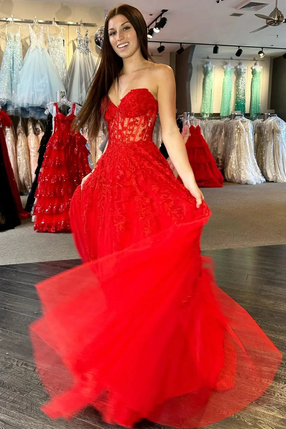 Strapless Beaded Red Lace Long Prom Dress, Red Lace Formal Dress, Long Red Evening Dress A1977