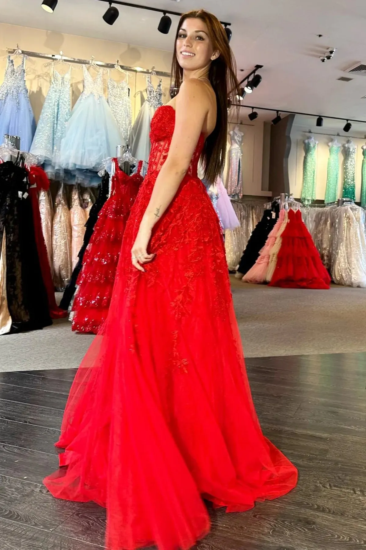 Strapless Beaded Red Lace Long Prom Dress, Red Lace Formal Dress, Long Red Evening Dress A1977