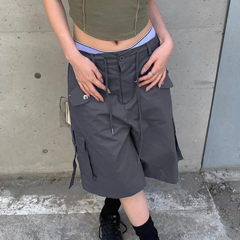 Streetwear Drawstring Solid Low Waist Cargo Shorts Women Pockets Harajuku Gorpcore Short Pants Capris Outfits Korean