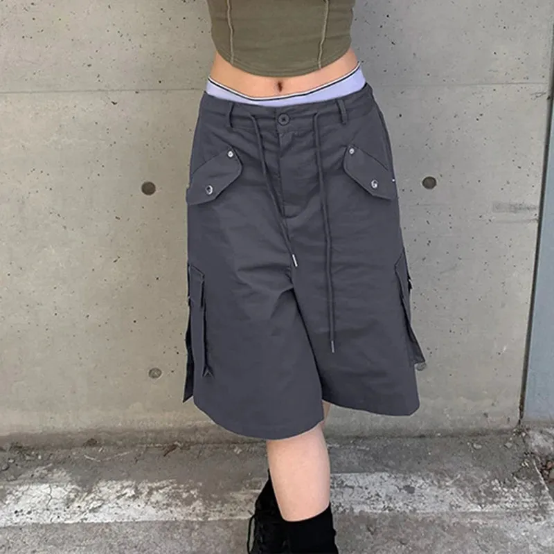 Streetwear Drawstring Solid Low Waist Cargo Shorts Women Pockets Harajuku Gorpcore Short Pants Capris Outfits Korean