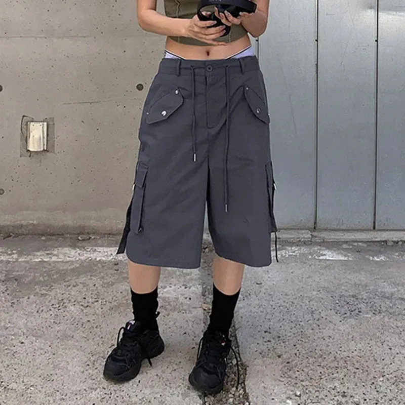 Streetwear Drawstring Solid Low Waist Cargo Shorts Women Pockets Harajuku Gorpcore Short Pants Capris Outfits Korean