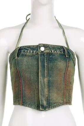 Stylish Halter Acid Wash Denim Top