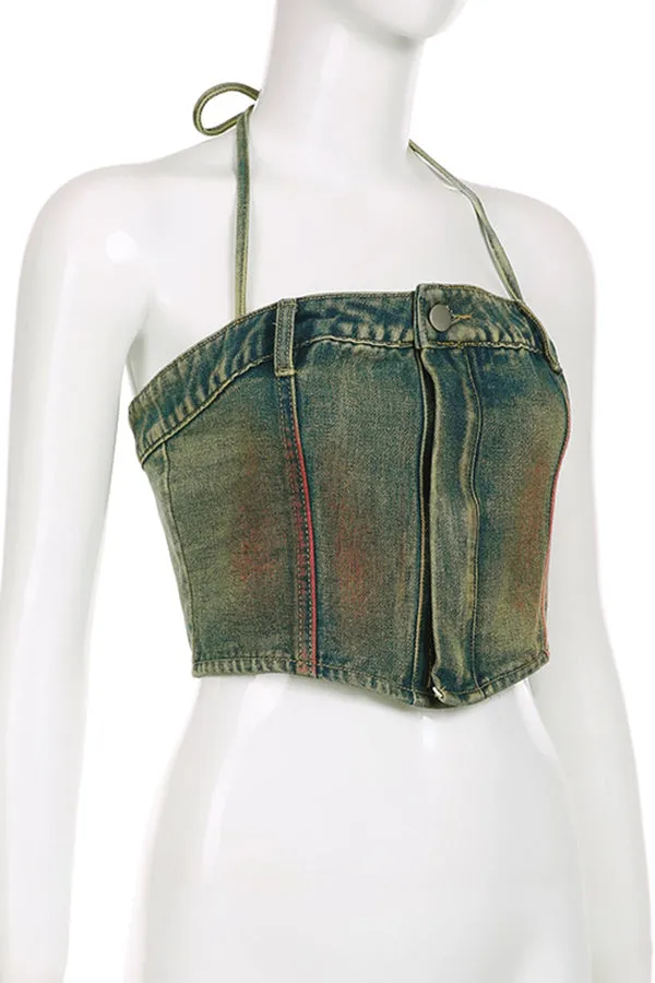 Stylish Halter Acid Wash Denim Top