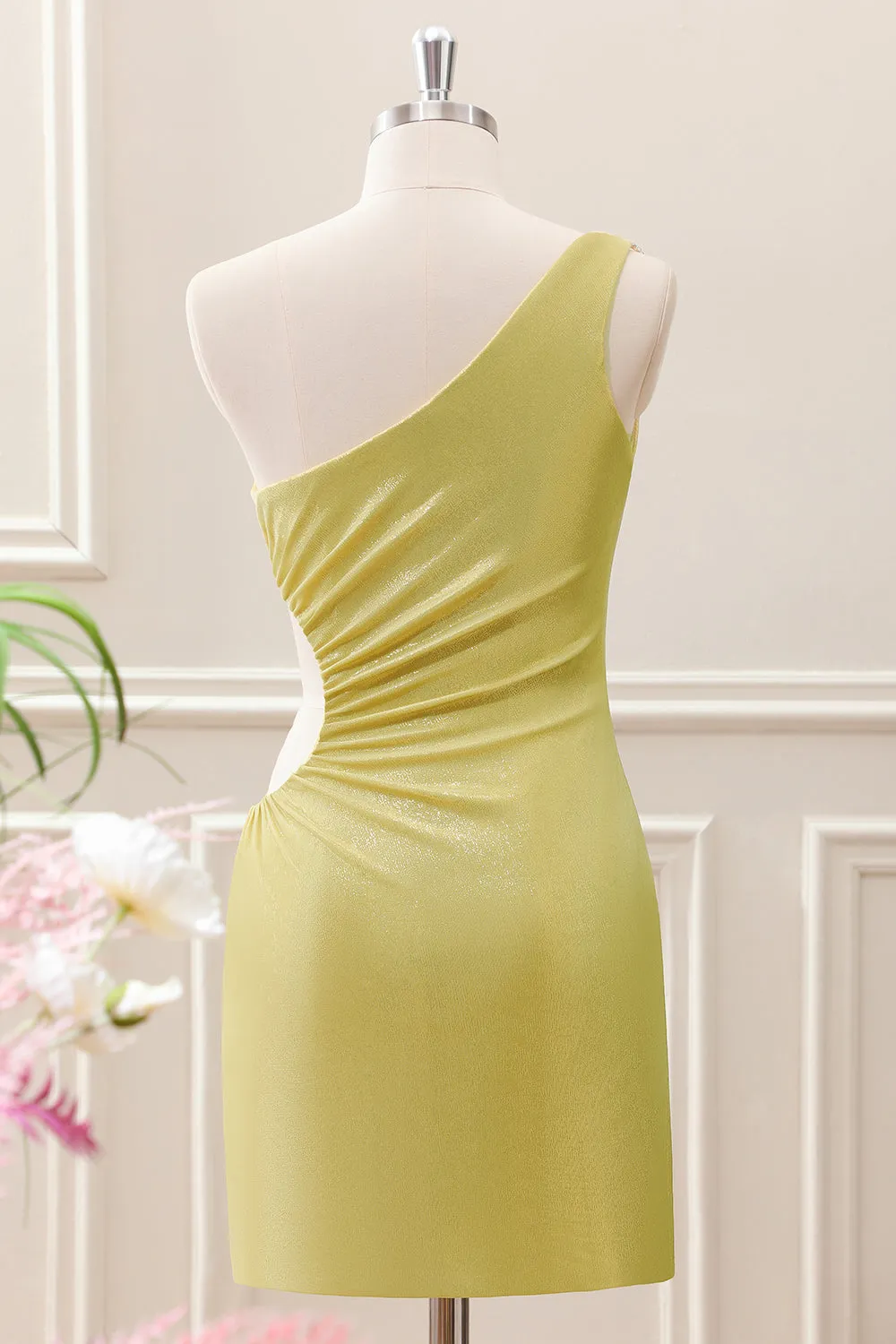 Stylish Yellow Bodycon One Shoulder Mini Dress with Hollow Out