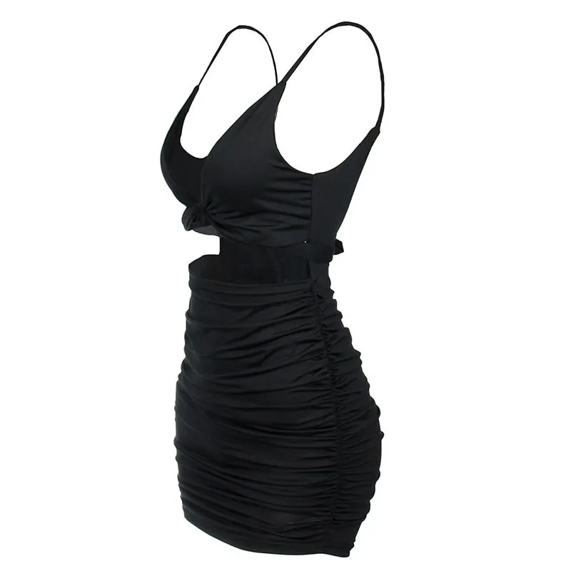 Summer Hollow Out Sexy Warp V Neck Backless Bow Tie Party Beach Casual Bandage Bodycon Dress Women