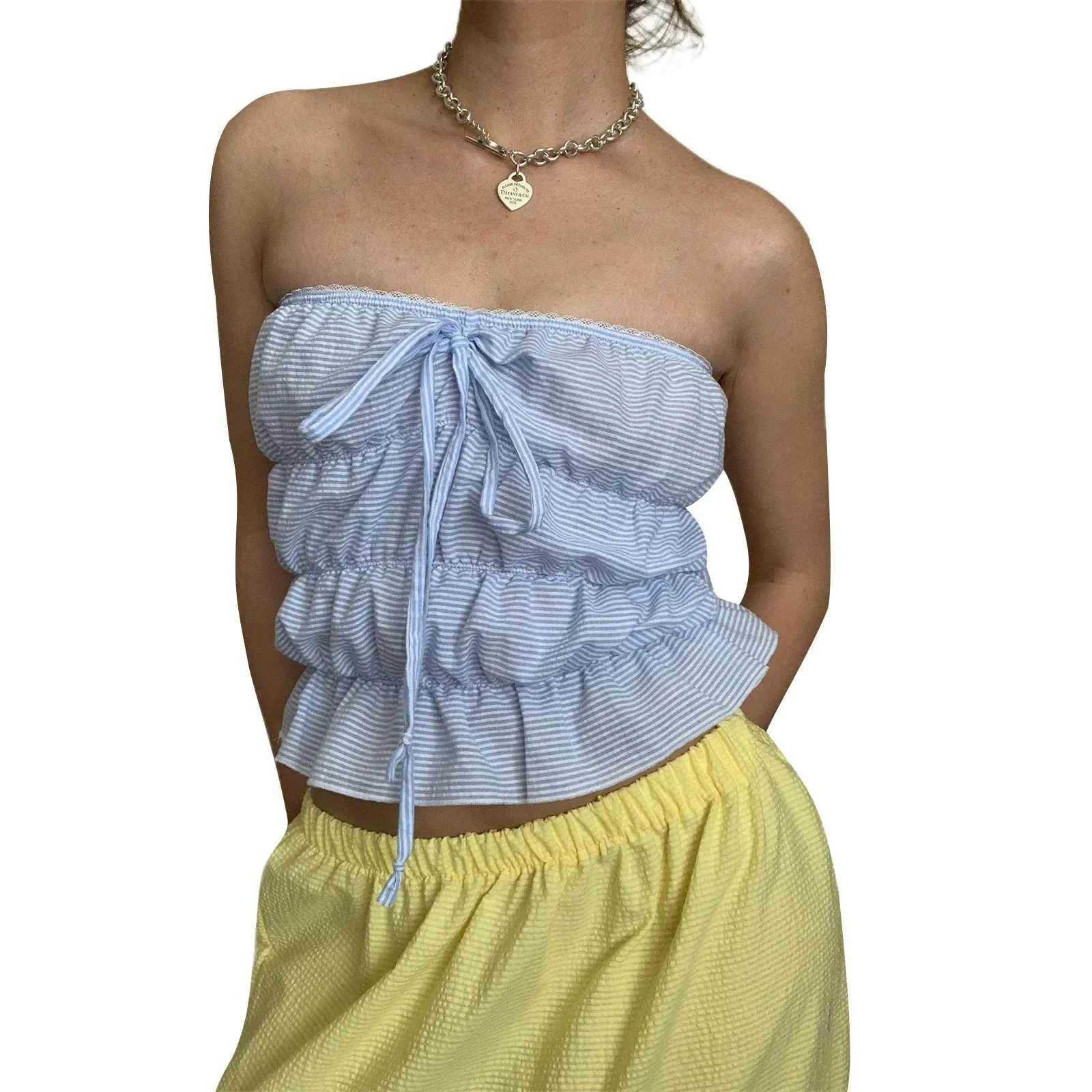 Summer Tube Top Strapless Backless Tie-up Pleated Plaid Slim Fit Tank Women Top