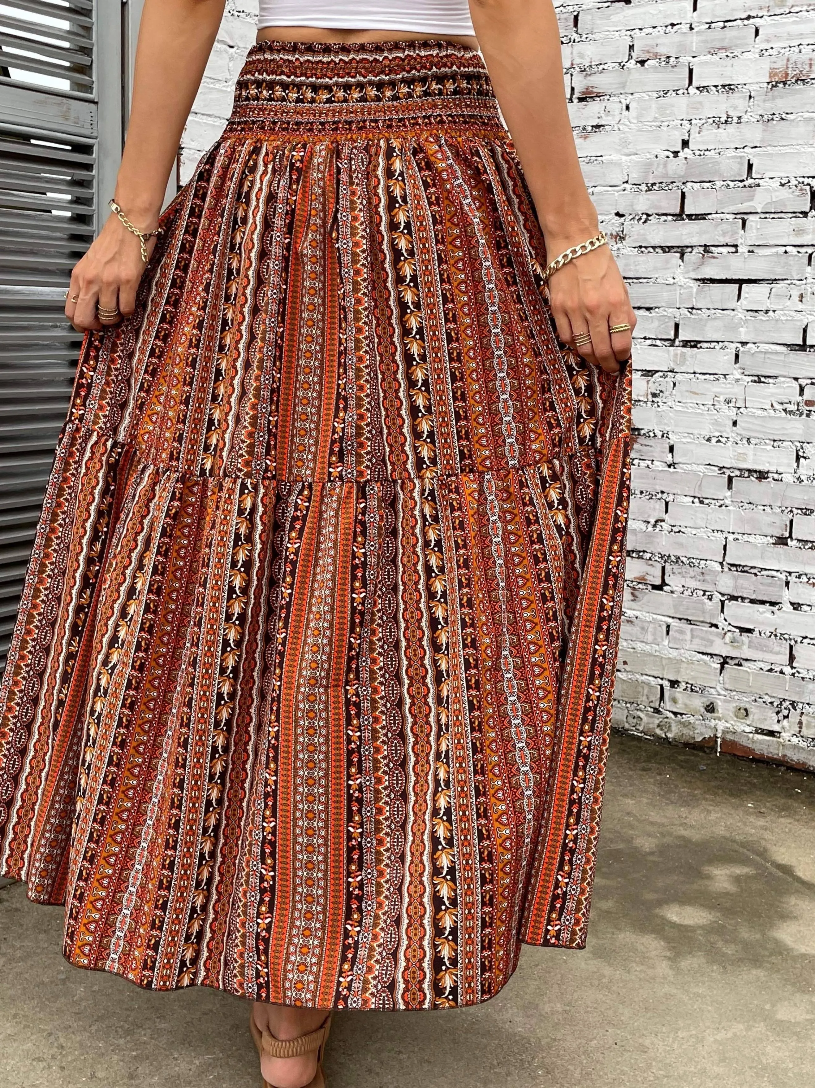 Summerready Paisley Print Shirred Waist Skirt for Women