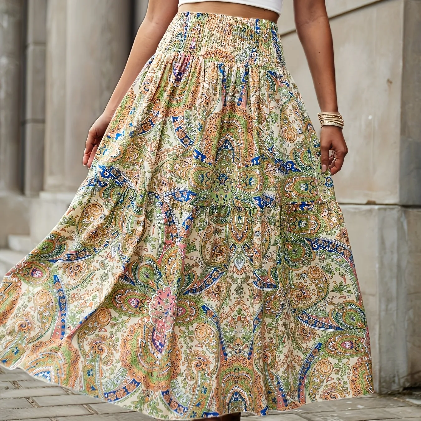 Summerready Paisley Print Shirred Waist Skirt for Women