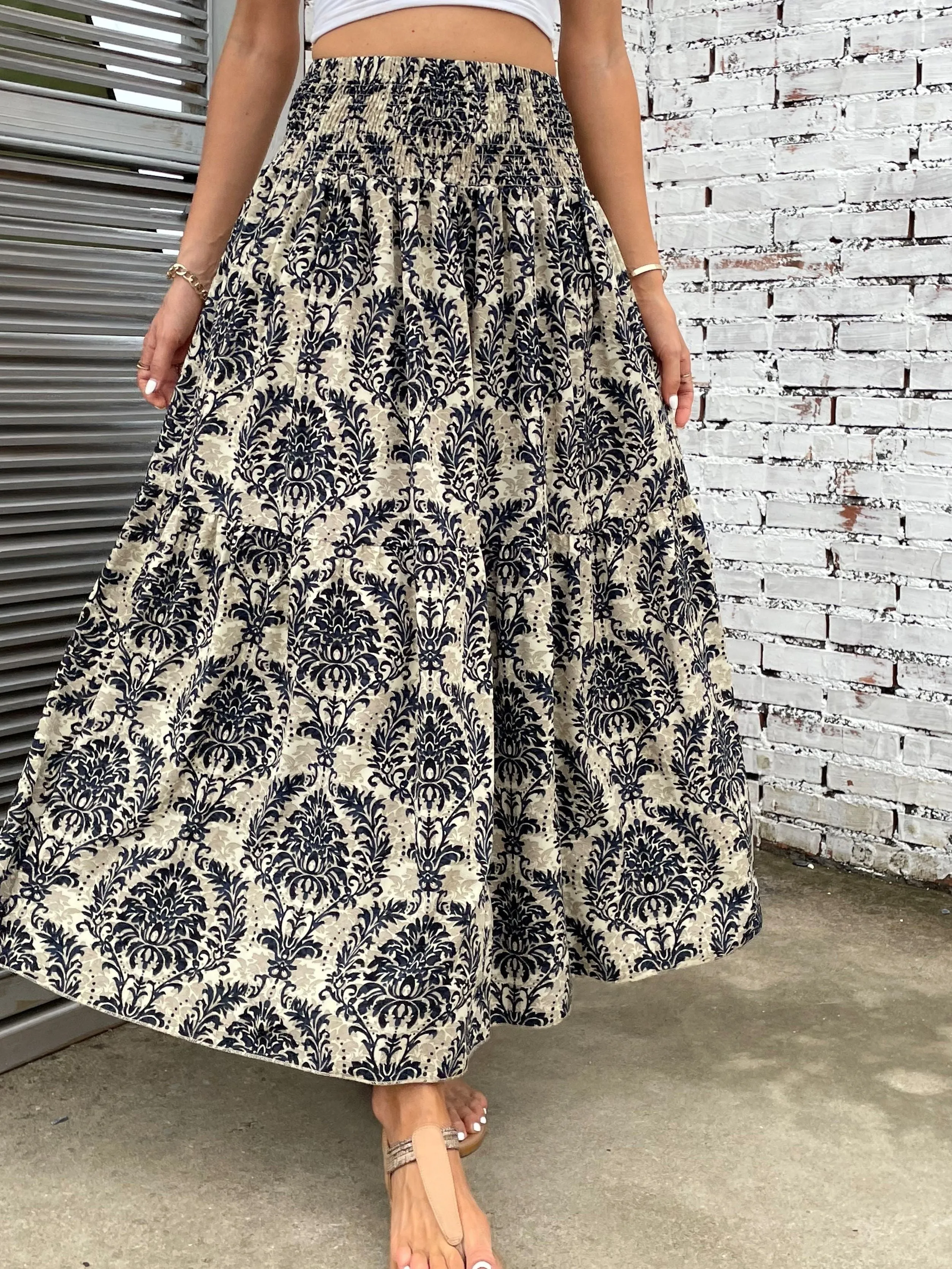 Summerready Paisley Print Shirred Waist Skirt for Women