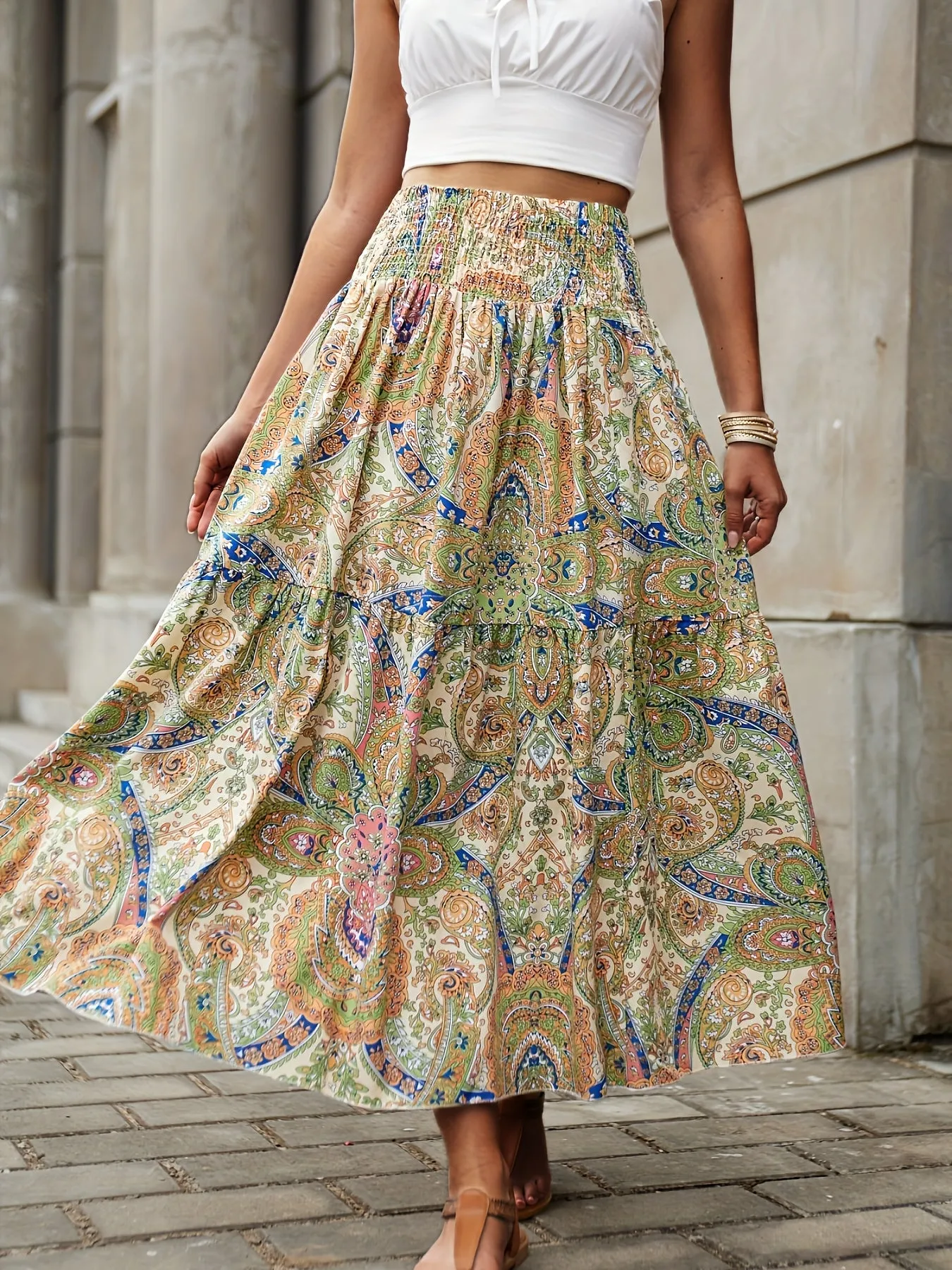 Summerready Paisley Print Shirred Waist Skirt for Women