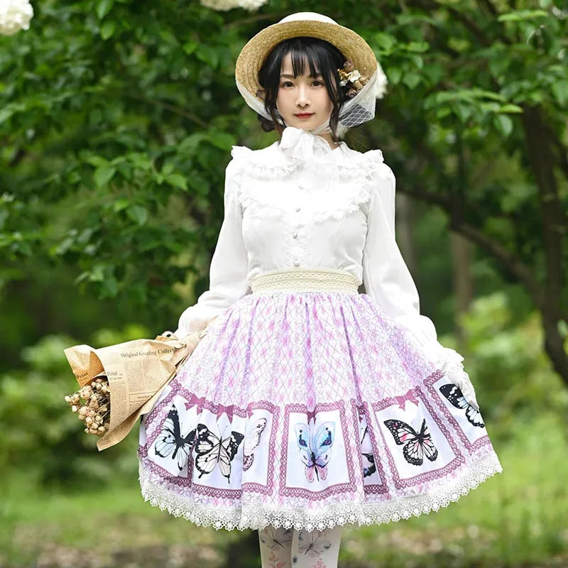 Sweet Butterfly Printed A line Skirt Mori Girl Short Checkered Skirt with Lace Trimming