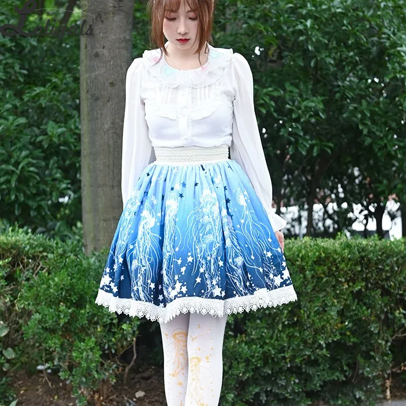 Sweet Jellyfish Printed Short Skirt Mori Girl A line Elastic Waist Skater Skirt for Women