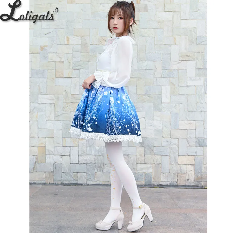 Sweet Jellyfish Printed Short Skirt Mori Girl A line Elastic Waist Skater Skirt for Women