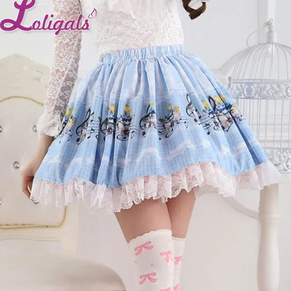 Sweet Light Blue Alice Concert Melody Printed Lolita Lace Mini Skirt