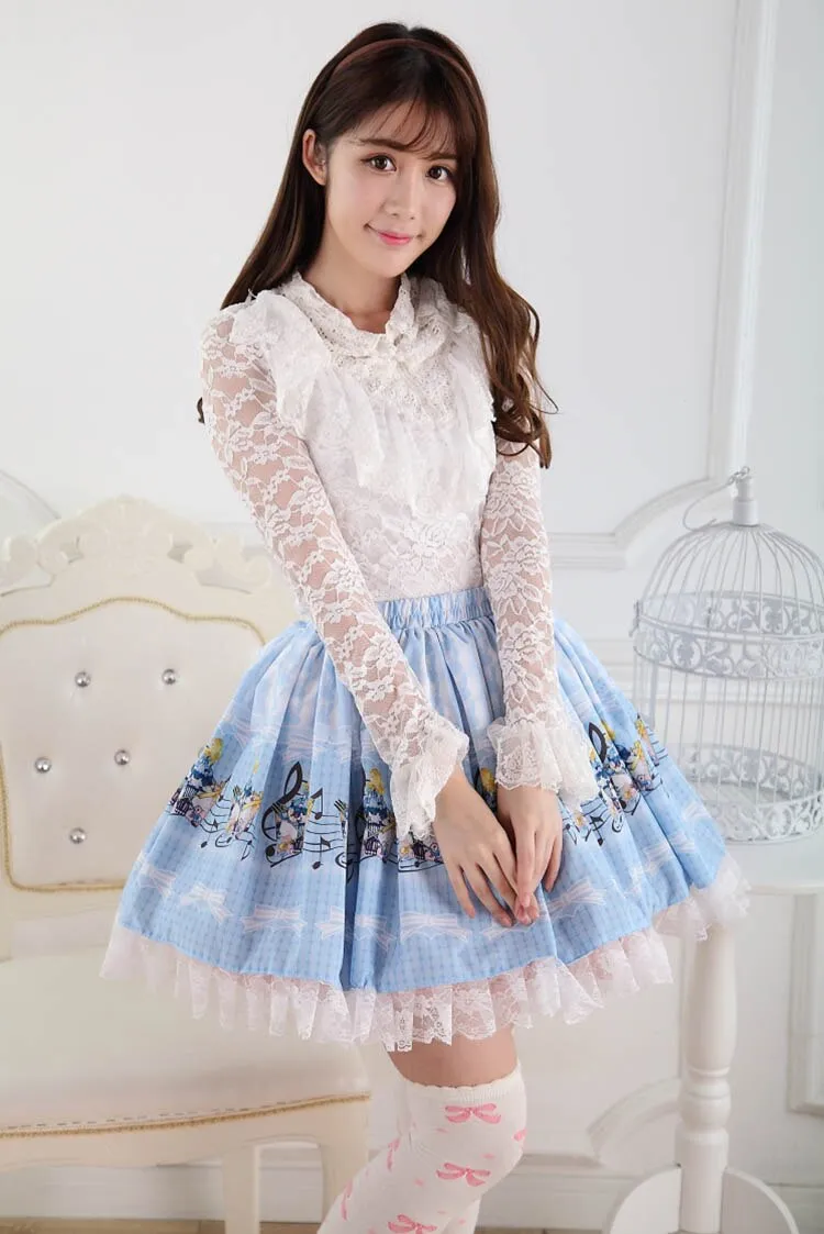 Sweet Light Blue Alice Concert Melody Printed Lolita Lace Mini Skirt