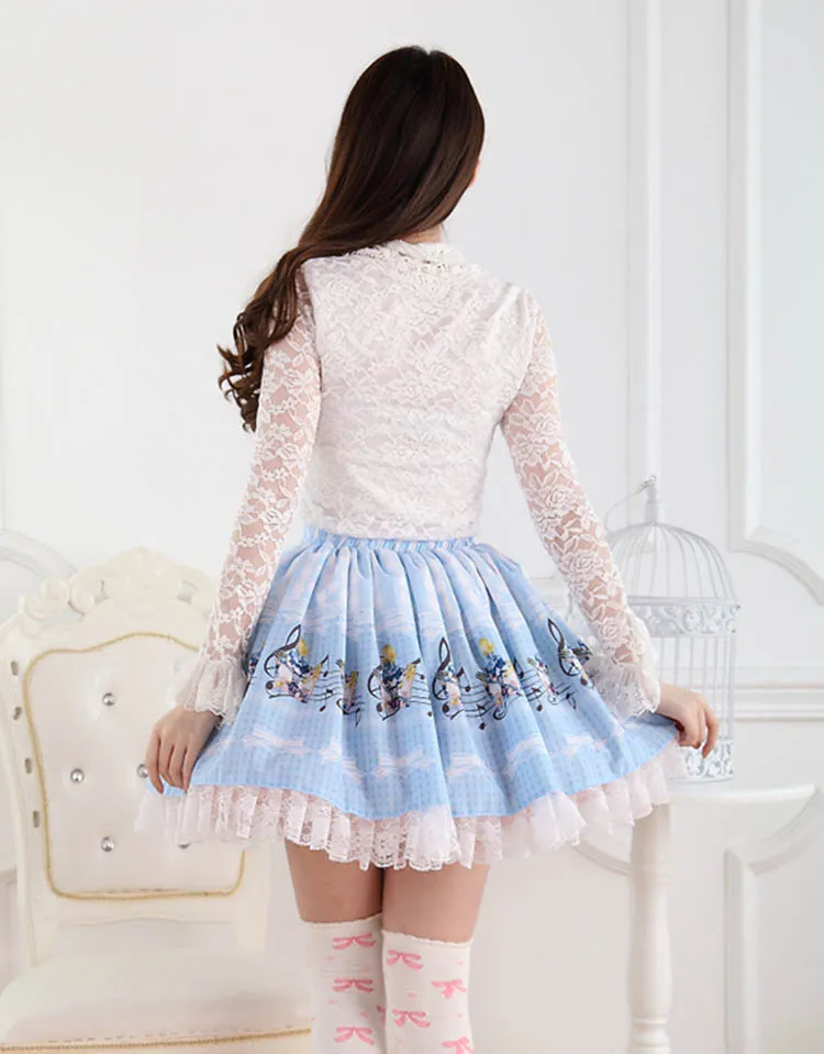 Sweet Light Blue Alice Concert Melody Printed Lolita Lace Mini Skirt