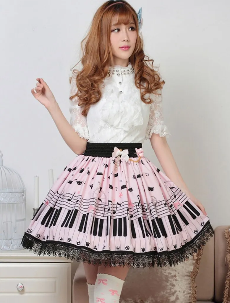 Sweet Lolita Short Skirt Cute Piano Key and Melody Printed Summer Skirt for Women