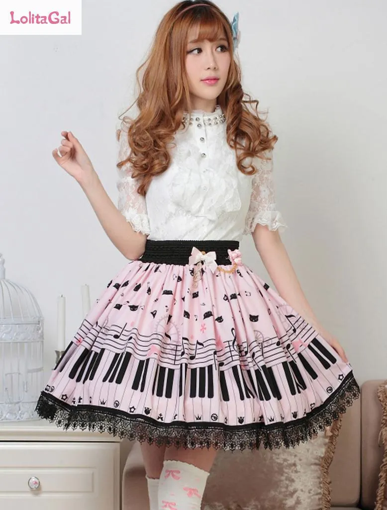 Sweet Lolita Short Skirt Cute Piano Key and Melody Printed Summer Skirt for Women