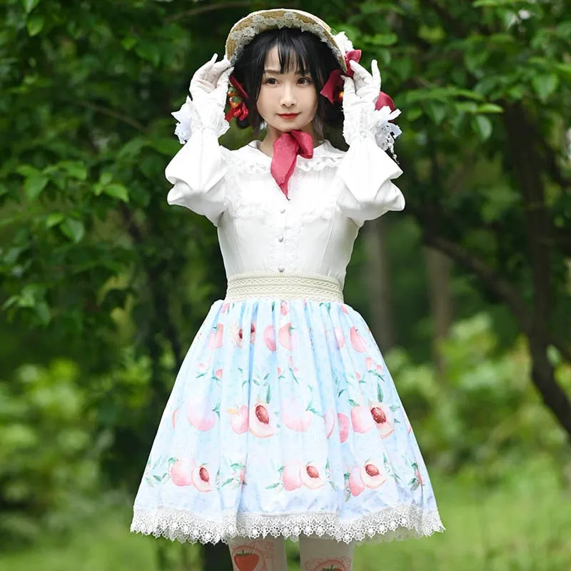 Sweet Peach Printed A line Skirt Mori Girl Short Skirt with Lace Trimming