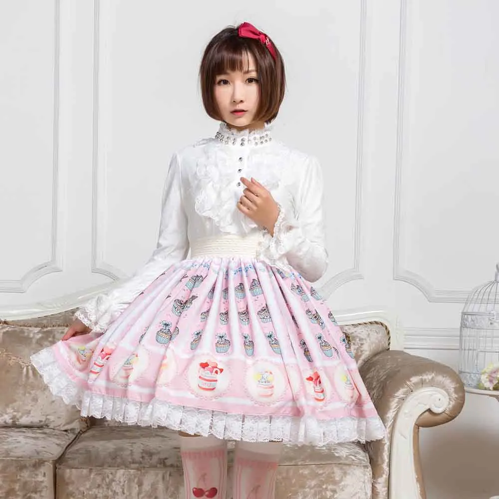 Sweet Pink Cup Cake Printed Short Skirt Kawaii Mori Girl A line Skirt for Women