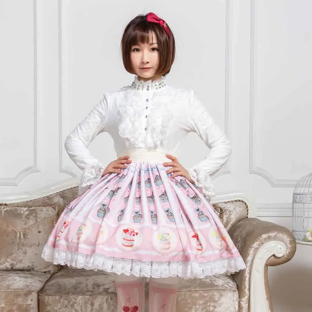 Sweet Pink Cup Cake Printed Short Skirt Kawaii Mori Girl A line Skirt for Women