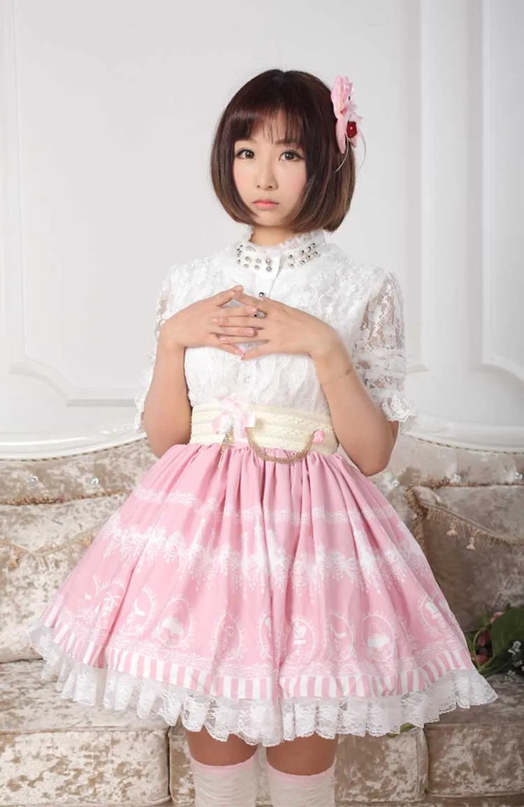 Sweet Pink Lolita Crystal Chandelier Printed A Line Skirt for Lady