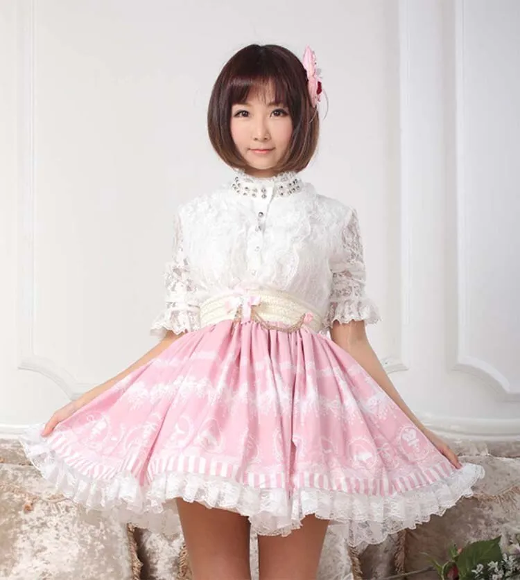 Sweet Pink Lolita Crystal Chandelier Printed A Line Skirt for Lady