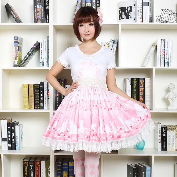 Sweet Soft Girl Short Skirt Pink Cherry Blossoms and Cat Printed Ruffled Lolita Skirt