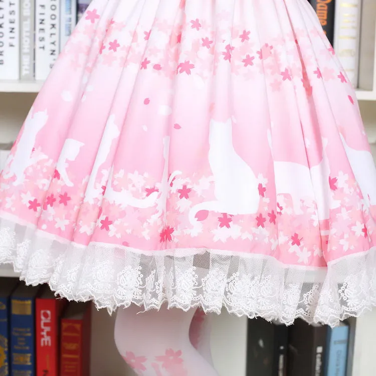 Sweet Soft Girl Short Skirt Pink Cherry Blossoms and Cat Printed Ruffled Lolita Skirt