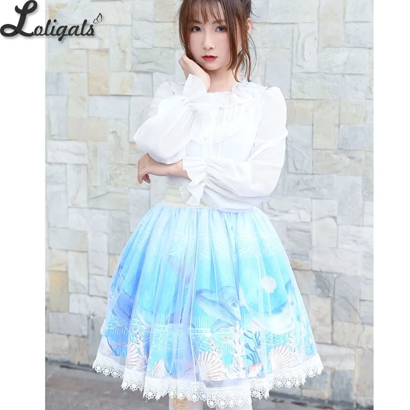 Sweet Whale Printed Short Skirt Mori Girl A line Elastic Waist Skater Skirt w. Mesh Overlay