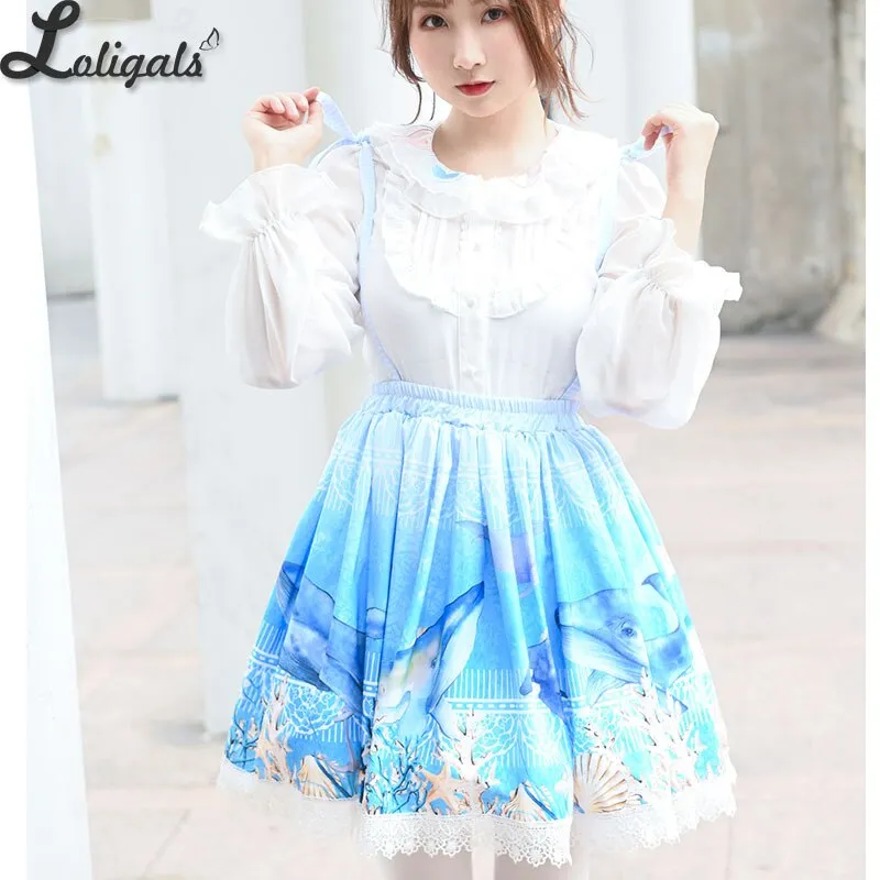 Sweet Whale Printed Short Skirt Mori Girl A line Suspender Skirt