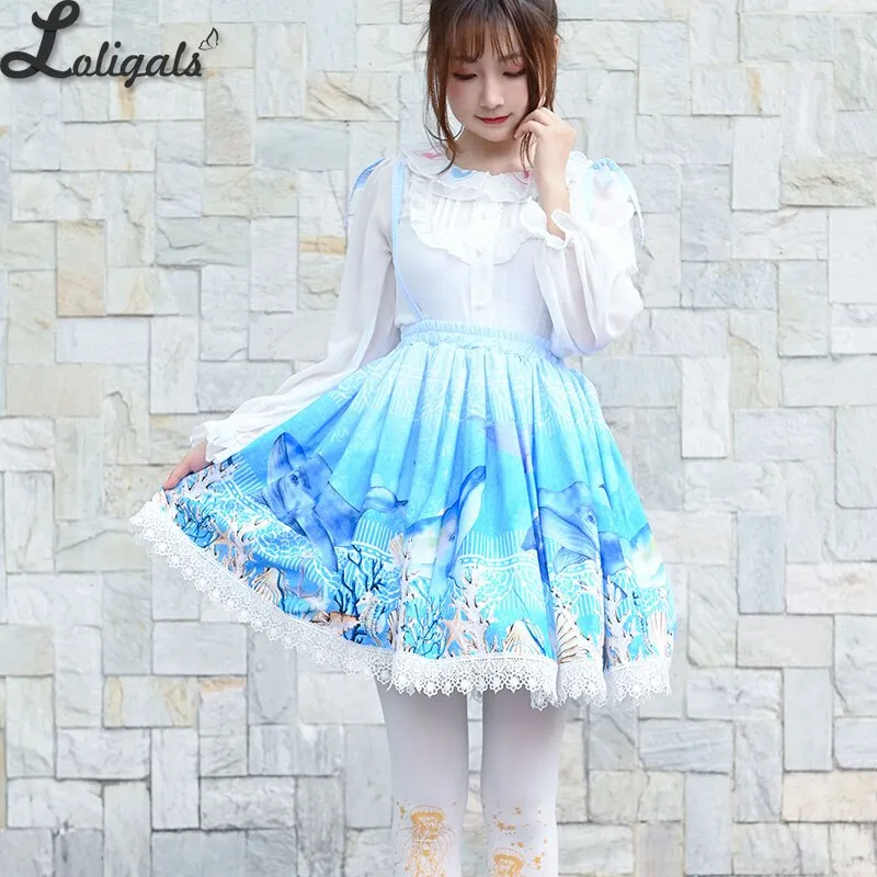 Sweet Whale Printed Short Skirt Mori Girl A line Suspender Skirt