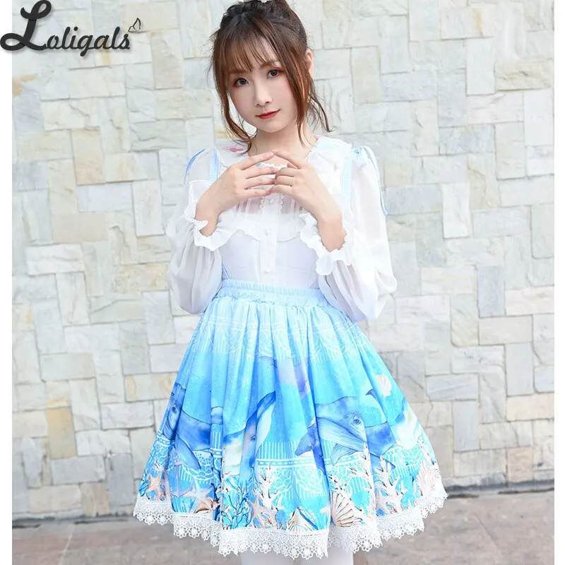 Sweet Whale Printed Short Skirt Mori Girl A line Suspender Skirt