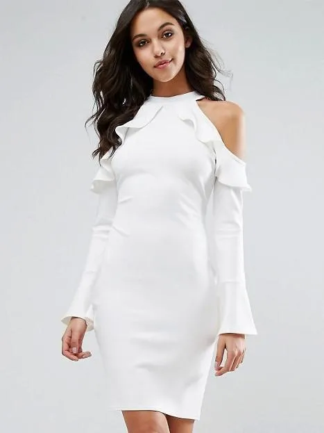 Sweet White Off Shoulder Long Sleeve Round Neck Bodycon Chiffon Mini Dress