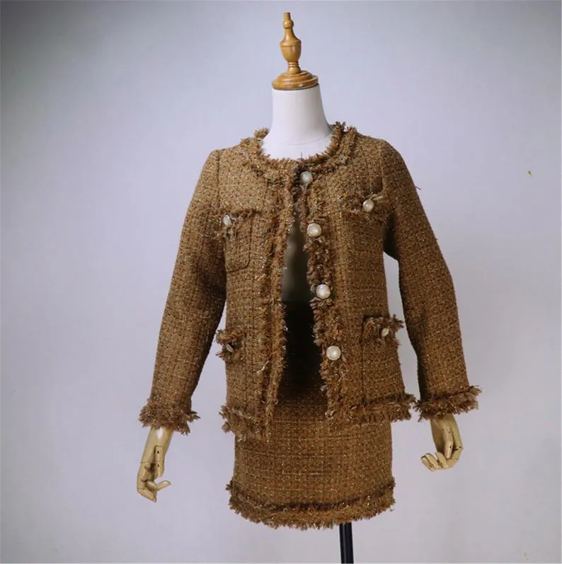 Tailor Made or Custom Made Hand Made Loose Fit Brown Tweed Blazer   Skirt Suit 6 Colours for Women