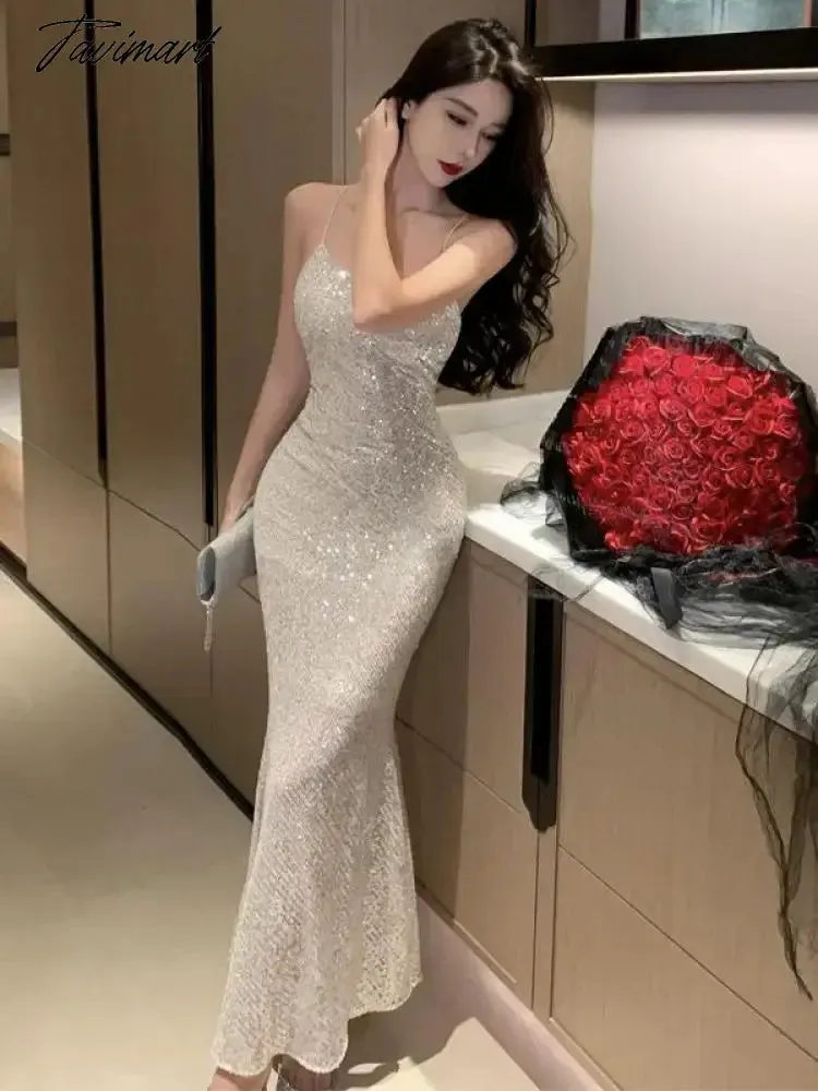 TAVIMART -  Silver Sexy Club Sequin Summer Slip Dress Women Elegant Luxury Bodycon Birthday Party Dress Wedding Evening Prom Dresses