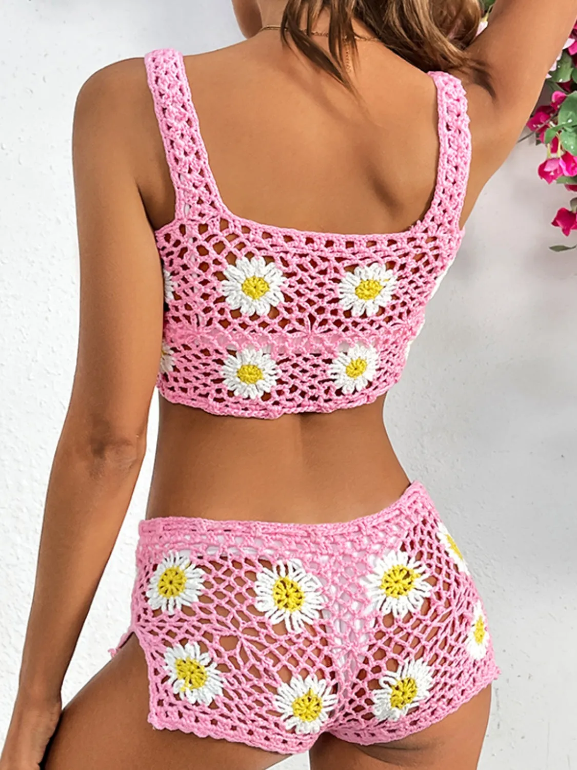 TEEK - Flower Crochet Wide Strap Two-Piece Cover Up