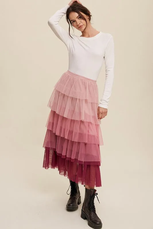 TEEK - Magenta Gradient Tiered Mesh Skirt