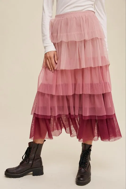 TEEK - Magenta Gradient Tiered Mesh Skirt