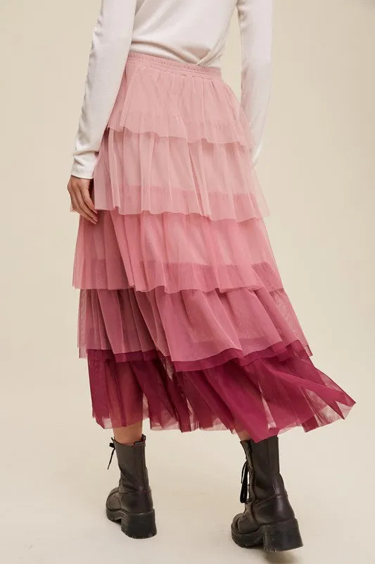 TEEK - Magenta Gradient Tiered Mesh Skirt