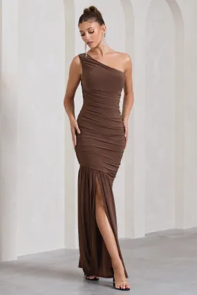 The Limelight | Chocolate One Shoulder Ruched Fishtail Maxi Dress