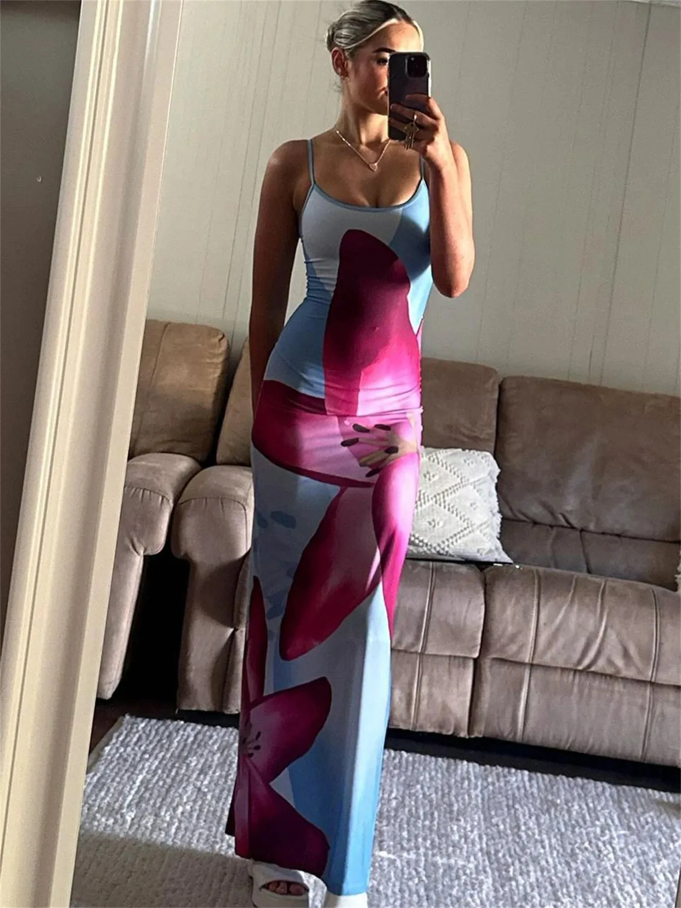 Tossy Spaghetti Strap Lily Floral Slip Dress Summer Casual Printed Maxi Dresses Backless Bodycon Slim Boho Long Sundress