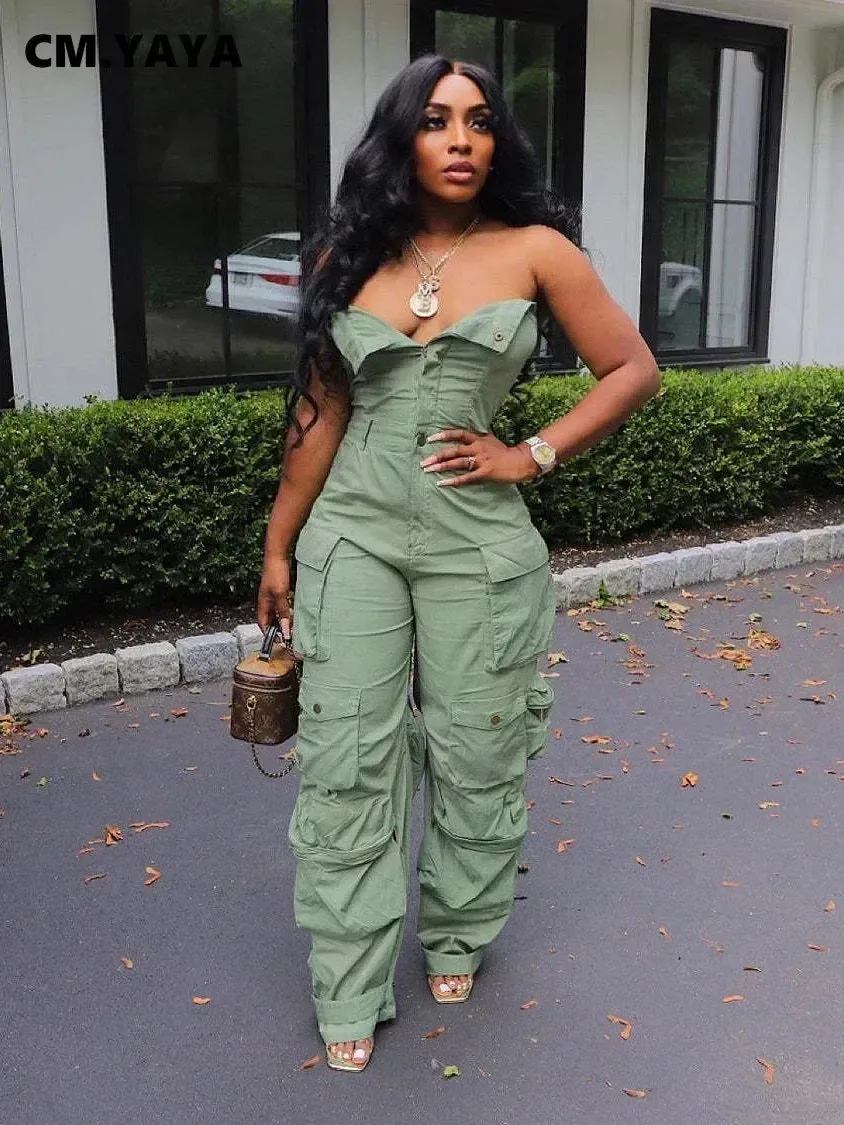 Trendy Strapless Ruched Cargo Jumpsuit