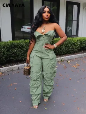 Trendy Strapless Ruched Cargo Jumpsuit