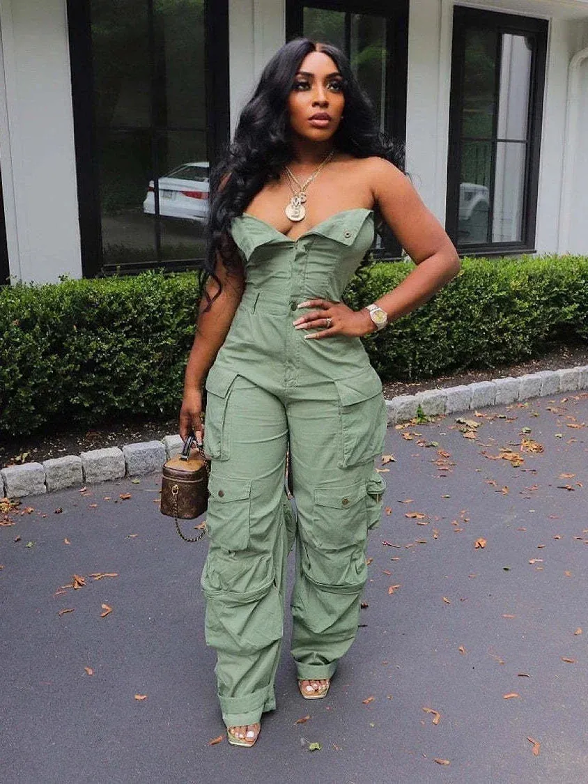 Trendy Strapless Ruched Cargo Jumpsuit