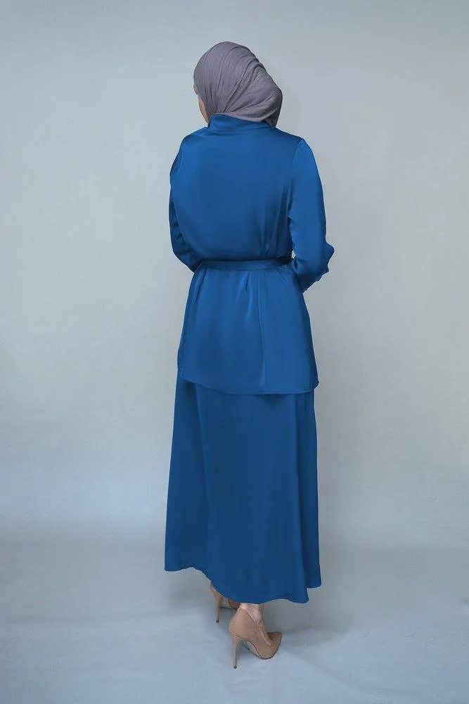 Turquoise Blouse Skirt Modest set maxi skirt with elasticated waistband maxi sleeve buttoned shirt with a detachable belt