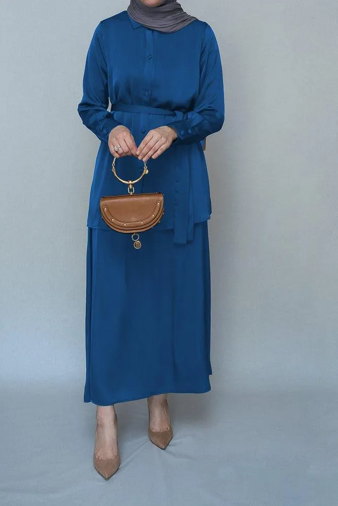 Turquoise Blouse Skirt Modest set maxi skirt with elasticated waistband maxi sleeve buttoned shirt with a detachable belt